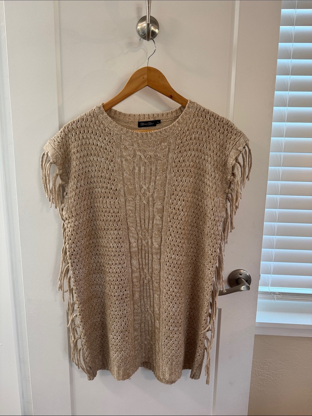 Brittany Black Fringe Cable-Knit Poncho - Beige Taupe